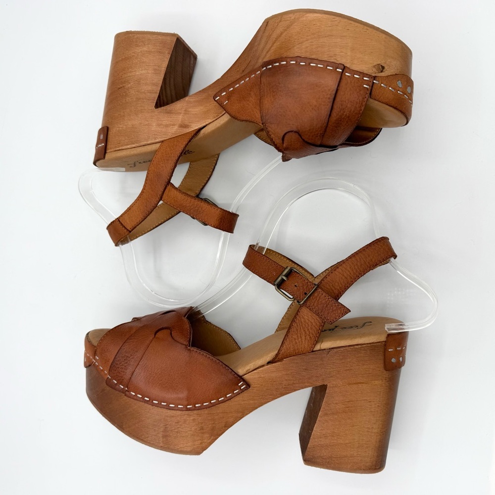 Orion Woven Clogs Teak Tan Platform Sandals wood base leather upper - Picture 9 of 9